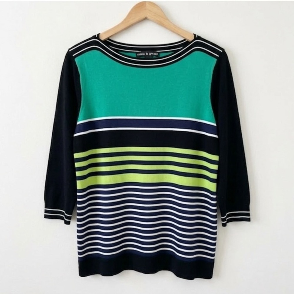 Cable & Guage Round Neck 3/4 Sleeve Lightweight Black And Green Striped Sweater